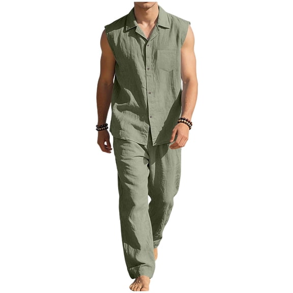 Eryao 2 Piece Sets Men Beach Casual Sleeveless Button Down Shirts and Elastic Waist Pants with Pockets Summer Vacation Lounge Suits,Army Green,XXL