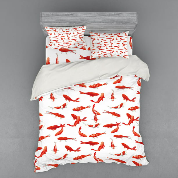 Koi Fish Duvet Cover Set Eastern, Red Fish Bedding Twin