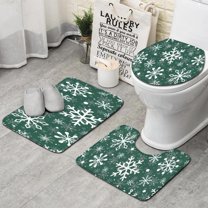 Green Christmas Snowflake Pattern Bathroom Rugs Sets 3 Piece,Toilet Cover Set,Absorbent Non Slip Bathroom Mats Sets with U-Shaped Contour Rug Toilet Rug Set