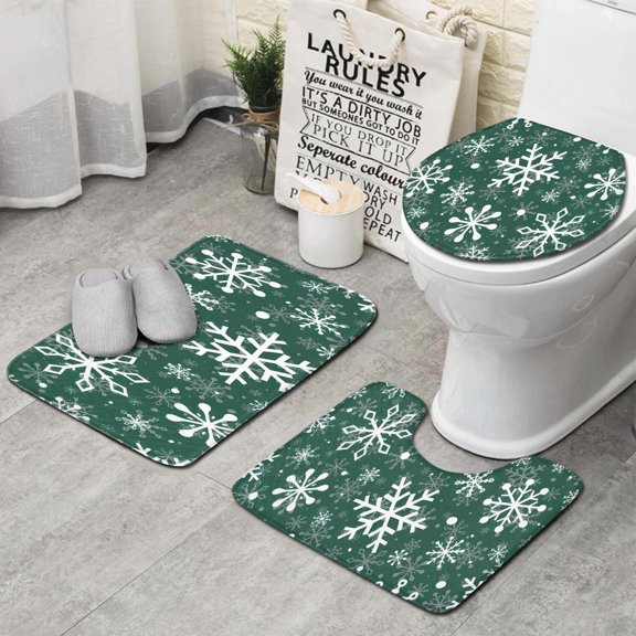 Green Christmas Snowflake Pattern Bathroom Rugs Sets 3 Piece,Toilet Cover Set,Absorbent Non Slip Bathroom Mats Sets with U-Shaped Contour Rug Toilet Rug Set