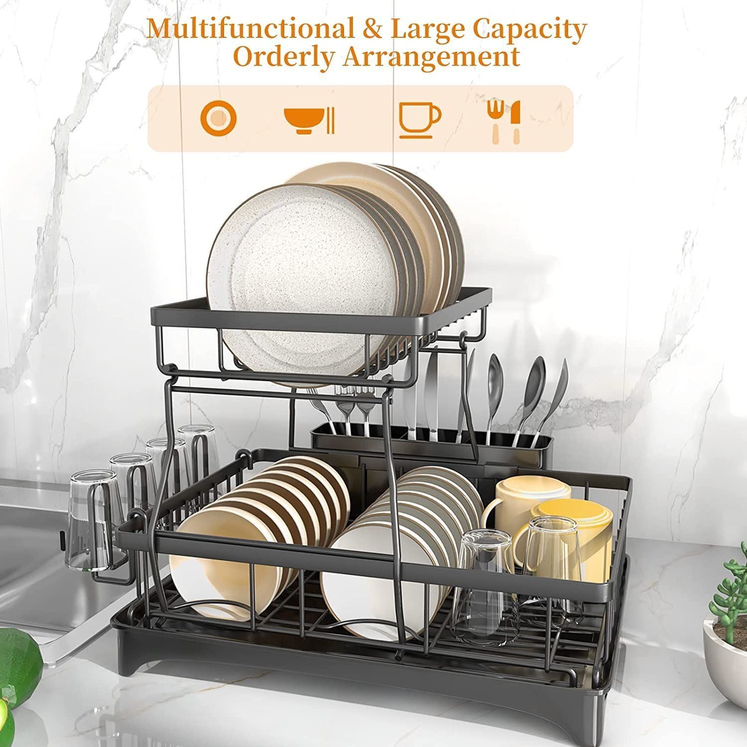 Godboat Dish Drying Rack, Valentines Day Decor, 2-Tier Dish Racks for  Kitchen Counter, Dish Rack with Drainboard & Mat, Dish Drainer with  Utensils