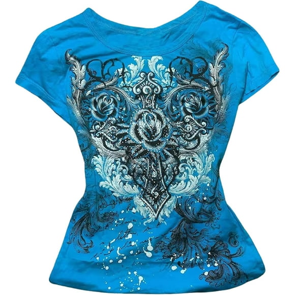 Y2k Fairy Grunge Shirt for Women Vintage Emo Clothes Fairycore Skeleton Print Tee Shirts 2000s E Girls Streetwear