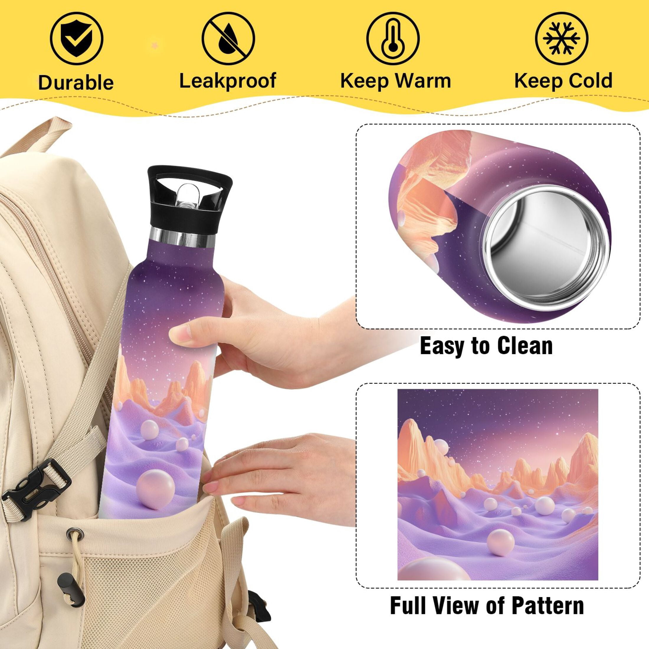 Kids Insulated Stainless Steel Sports Water Bottle 600ml (20oz) Orange Fantasy Mountains
