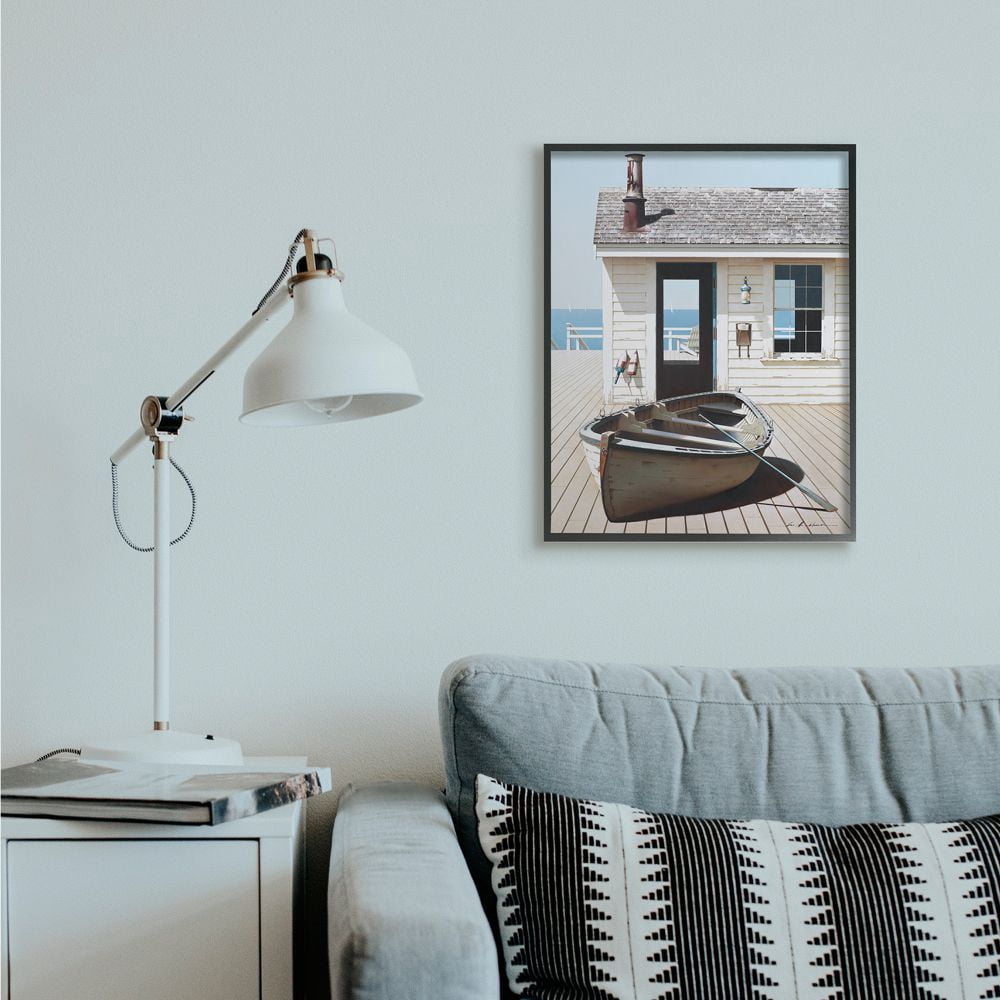 Stupell Industries Boat On Boardwalk Tranquil Coastal Boathouse Painting Framed Wall Art Design by Zhen-Huan Lu, 24" x 30", Black Framed
