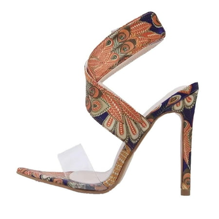 

Women S Printed Sexy Magic Paste Fish Mouth Presented Toe High Heel Sandals