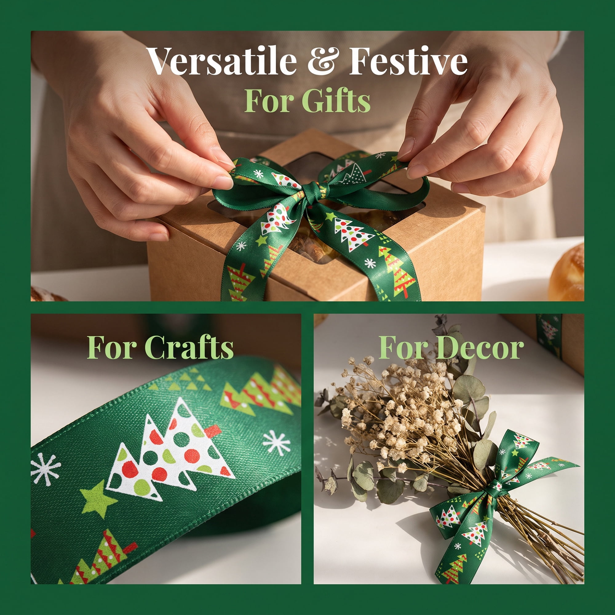 Unique Bargains Premium Fabric Ribbon for Gift Wrapping Green Tree Pattern 5.5 Yard