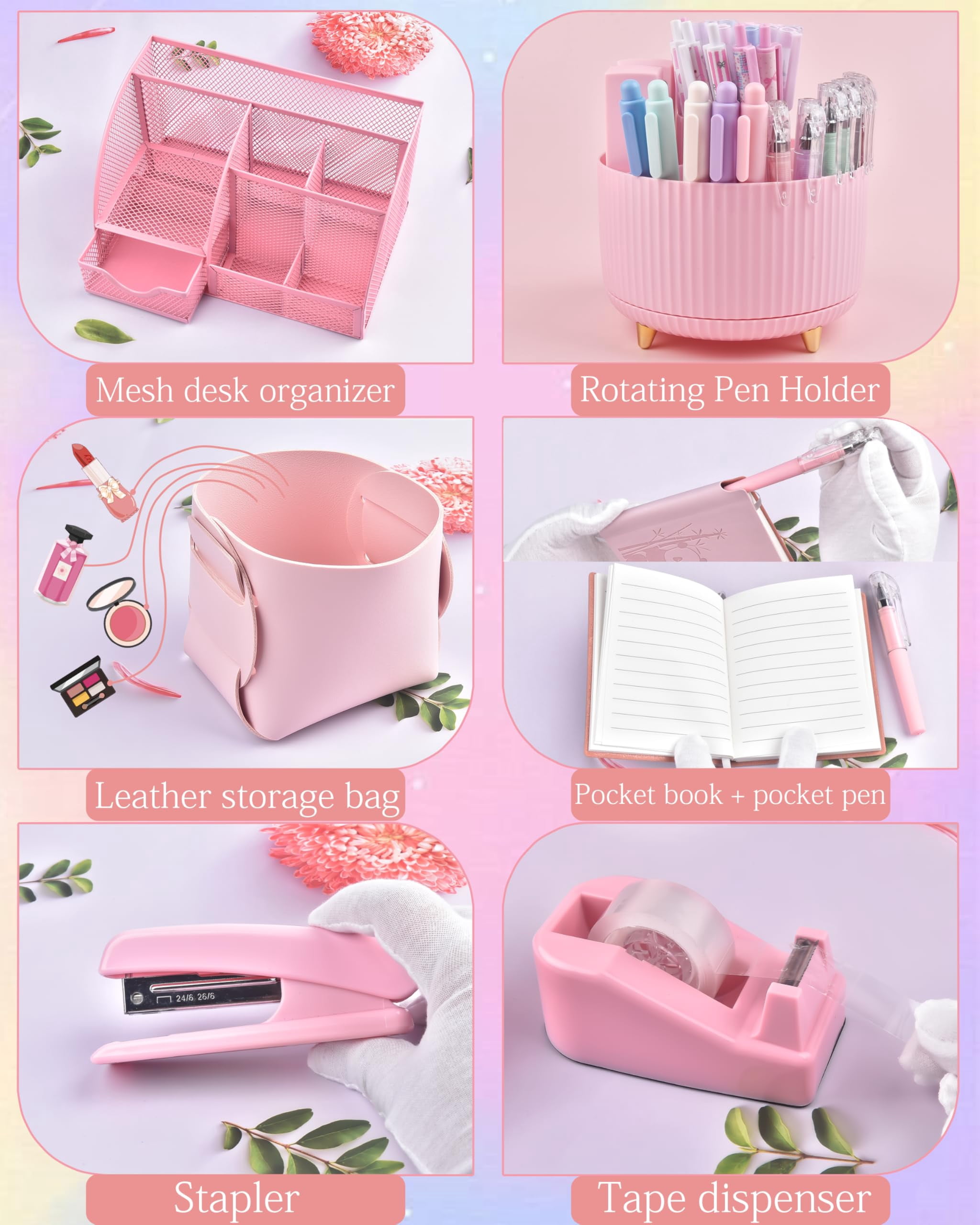 Pink Desk Accessories And Organizers With Organizer 360°rotating Pen Holder Stapler A Lot Of Office Supplies Beautifully Presented In Gift Box