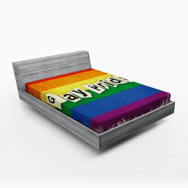 Pride Fitted Sheet, Dated Aged Iconic Rainbow Flag with Gay Pride Typography Retro LGBT Parade Theme, Soft Decorative Fabric Bedding, Queen Size, Multicolor, by Ambesonne