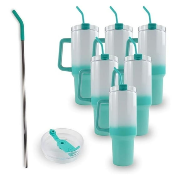 40oz Sublimation Traveler Bulk 6 Pack - Holographic Ombre Mint - Stainless Steel Tumblers with Handle, Lids & Straws for DIY Crafts