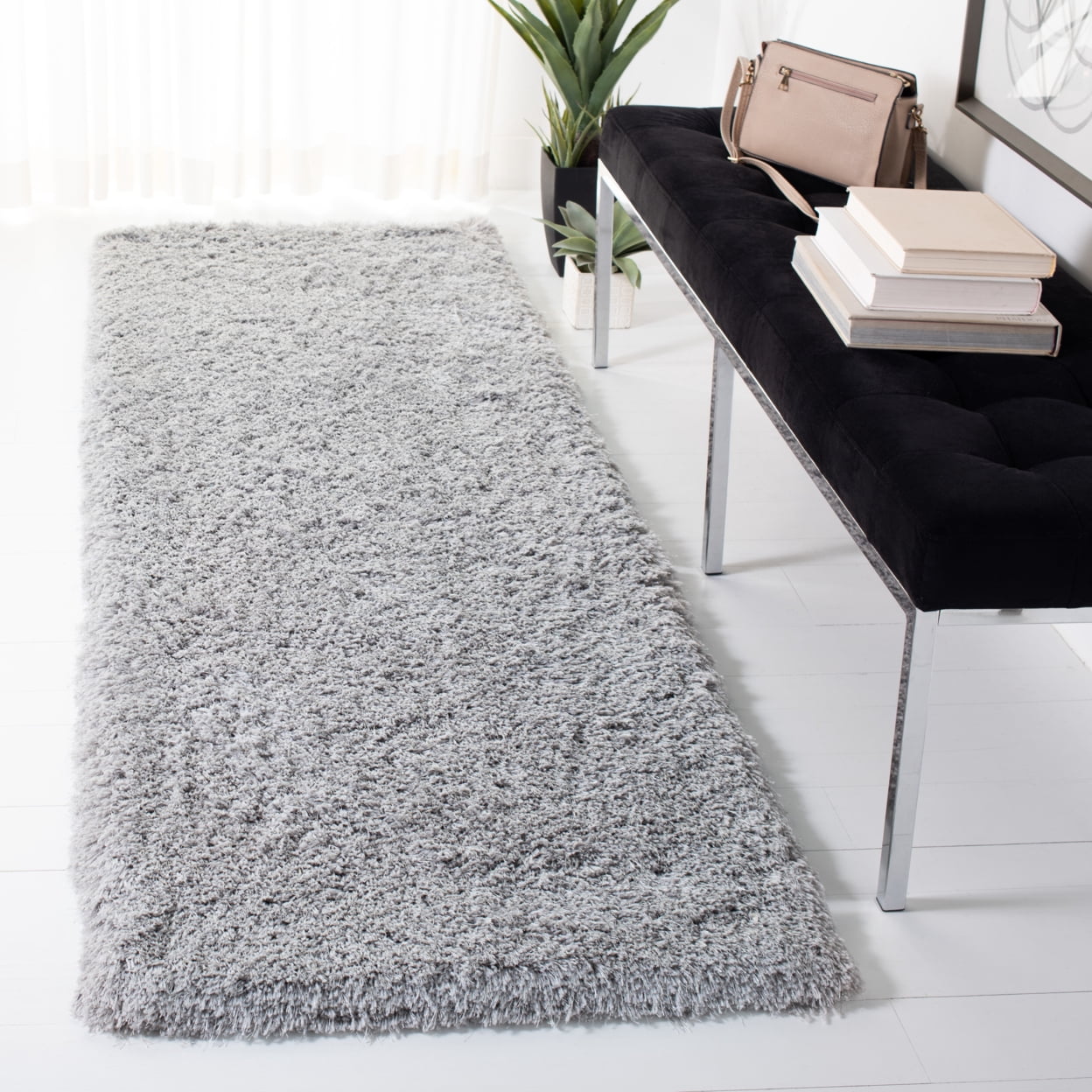 SAFAVIEH Ocean Braxton Solid Polyester Shag Area Rug, Silver, 3' x 5'
