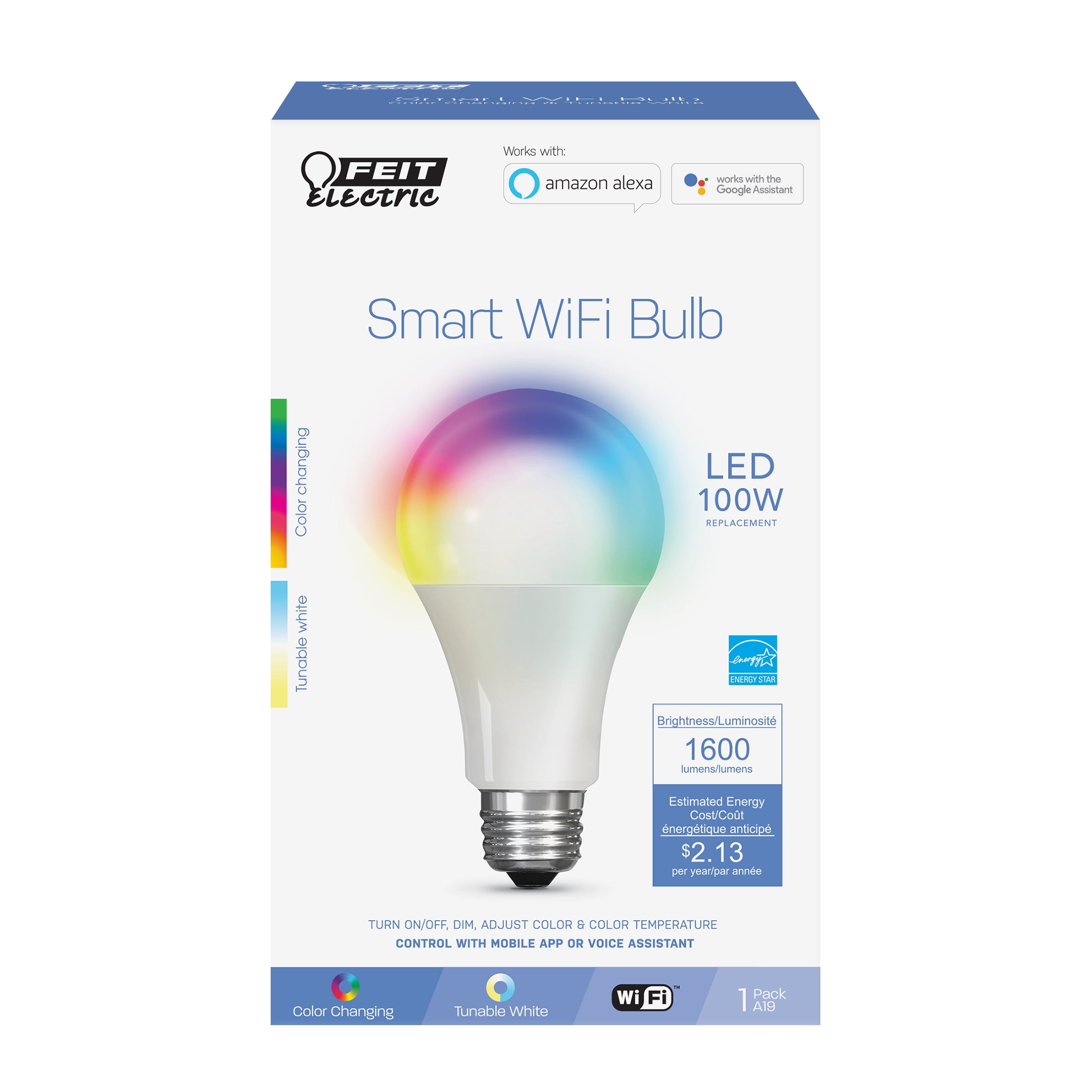 Feit Electric Smart LED 17.7 Watts (100 Watt Eq.) Color Changing/Tunable White Bulb, A21, E26, Dim