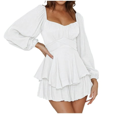 

Women s Long Bubble Sleeve Romper Ruched Square Neck Tie Back Jumpsuit Layer Ruffle Hem Casual Short Rompers for Summer
