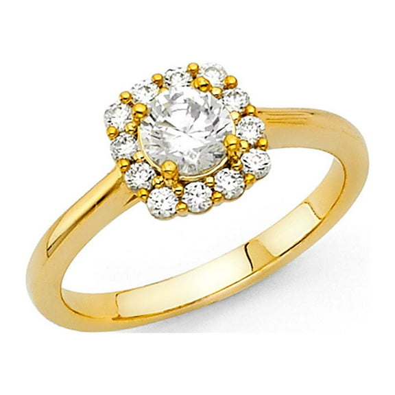 14k Yellow Gold Halo Round CZ Engagement Ring Anniversary CZ Solitaire Square Halo Ring Band Size 7