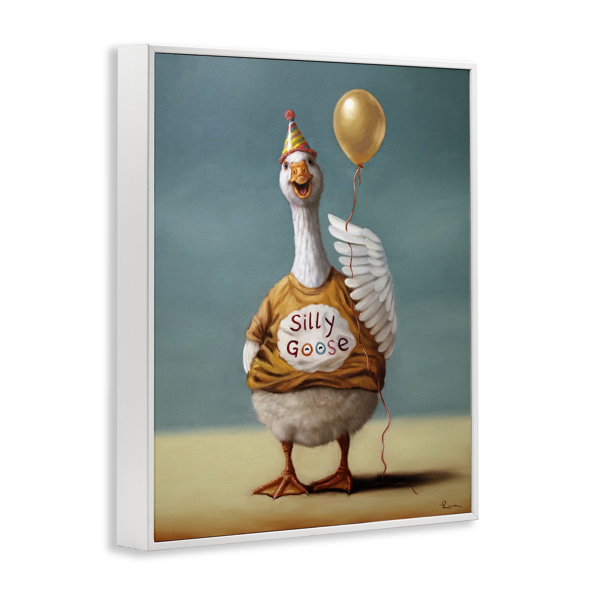 Stupell Industries Silly Goose with Balloon White Framed Giclee Art, design by Lucia Heffernan
