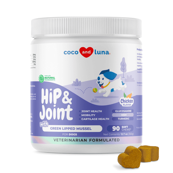 Coco and Luna Hip & Joint Supplement for Dogs - 90 Soft Chews - with Green Lipped Mussel, Glucosamine, Turmeric, Fish Oil, MSM and Yucca Schidigera (Soft Chews)