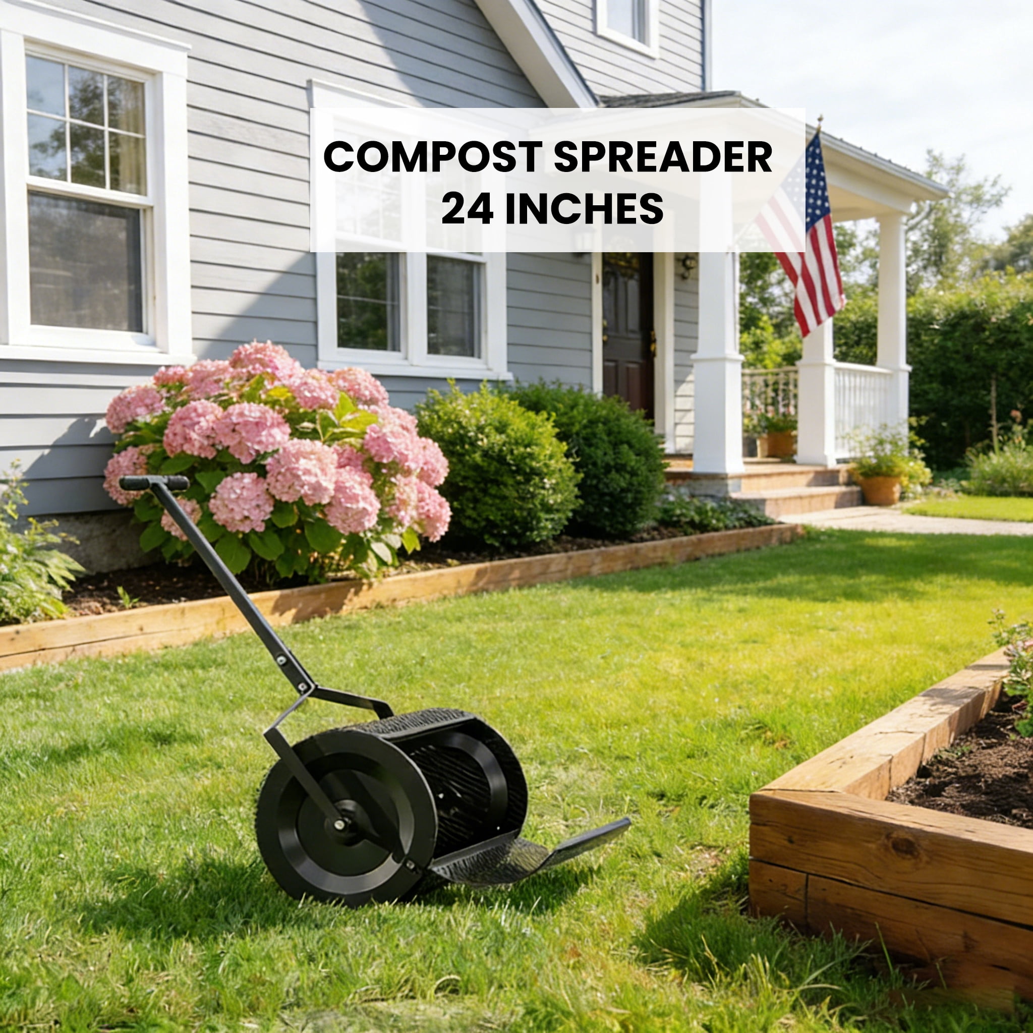 Lixhey 24-Inch Compost Spreader & Peat Moss Spreader – Lawn Roller Spreader with Adjustable T-Handle, Steel Mesh Basket, Black