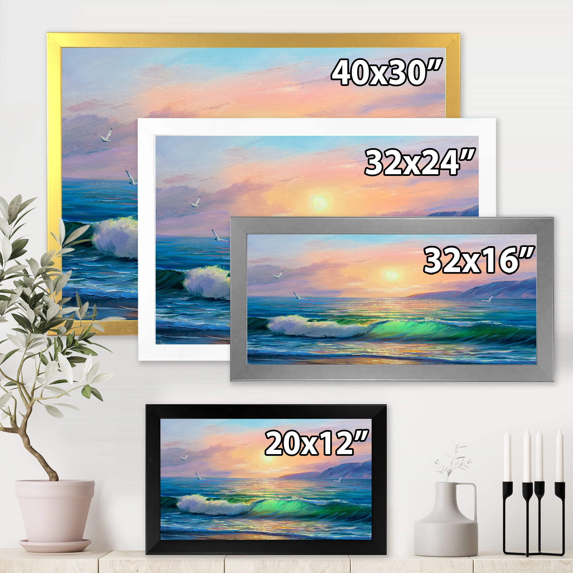 Designart 'Blue Waves Breaking At The Beach Landscape V' Nautical & Coastal Framed Art Print