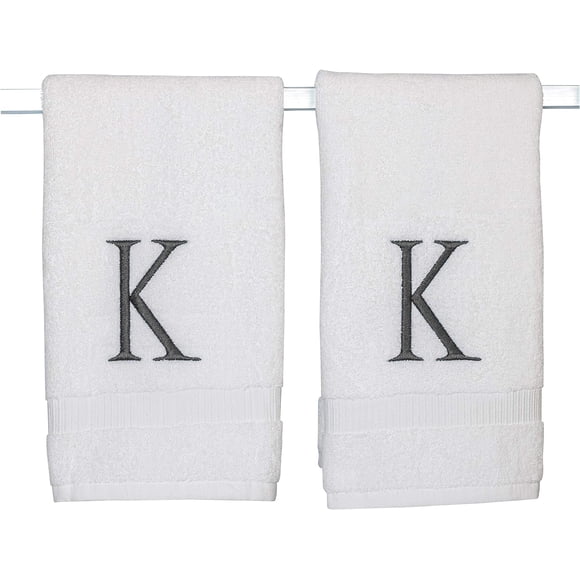 Dark Gray Monogrammed Hand Towels for Bathroom - White Luxury Hotel Quality Personalized Initial Decorative Embroidered Towel for Powder Room Spa - GOTS Organic Certified - Set of 2 Letter K