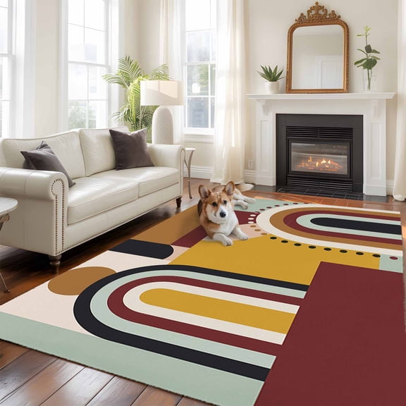 Mid-Century Modern 5x7 Area Rugs for Living Room, Geometric Abstract Brick Red Non Slip Floor Mat Washable Low-Profile Indoor Carpet for Bedroom, Dining Room, Bathroom