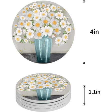 

ZHANZZK Vintage Oil Painting Style White Flower in Vase Set of 4 Round Coaster for Drinks Absorbent Ceramic Stone Coasters Cup Mat with Cork Base for Home Kitchen Room Coffee Table Bar Decor