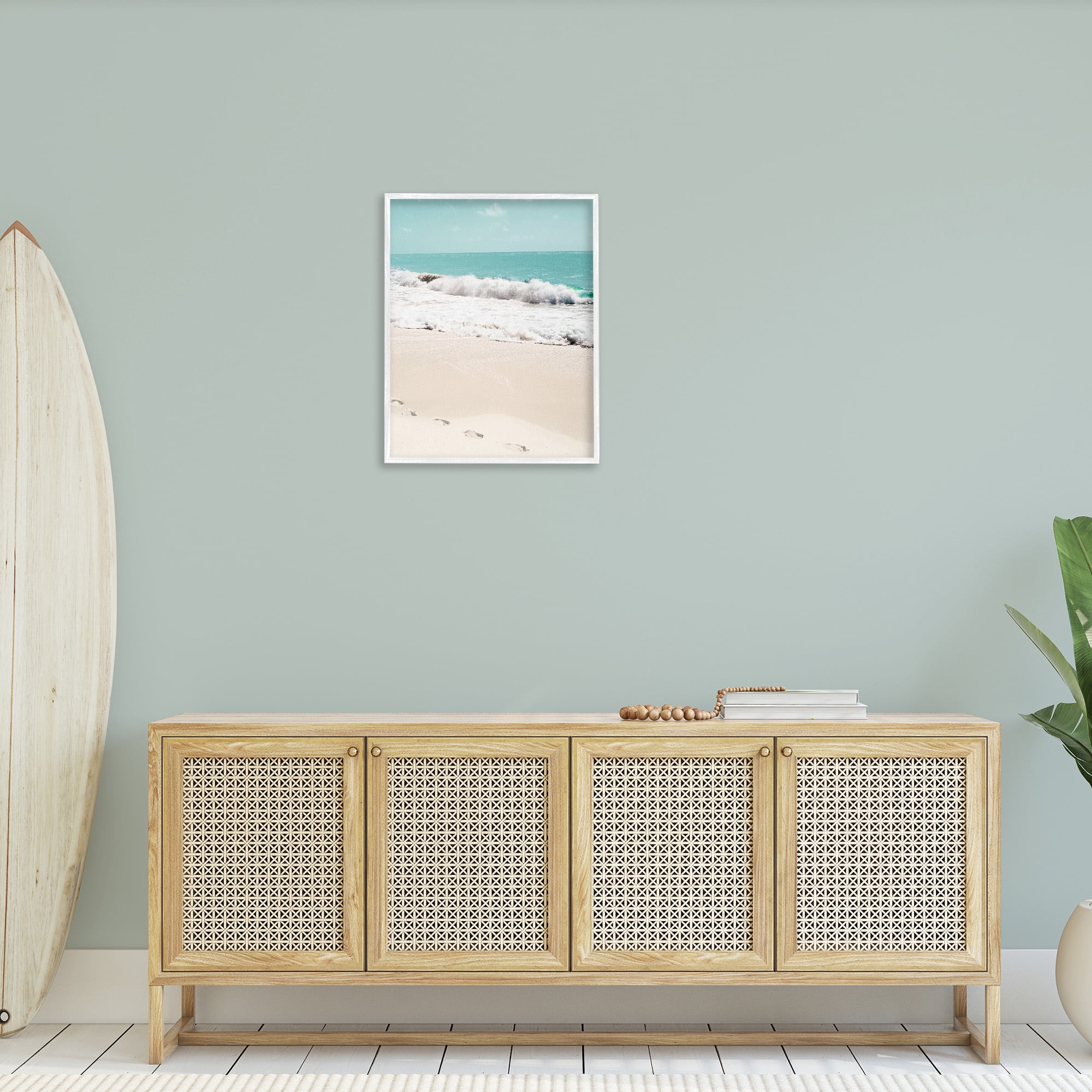 Stupell Industries Footprints on Beach Shore Landscape Photography White Framed Art Print Wall Art, 24 x 30