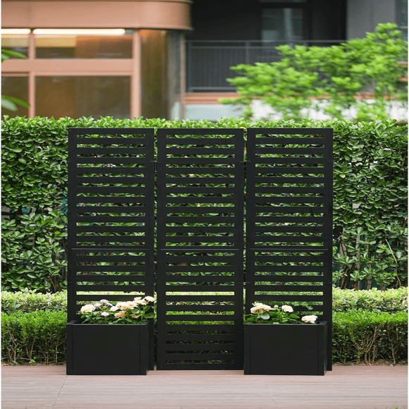 Écran d'Intimité en Métal à 3 Panneaux avec Bacs de Plantation Surélevés, Séparateur de Jardin Extérieur Autoportant avec Treillis à Lattes pour Patio, Terrasse et Cour Arrière – 51 X 70 X 28 Pouces