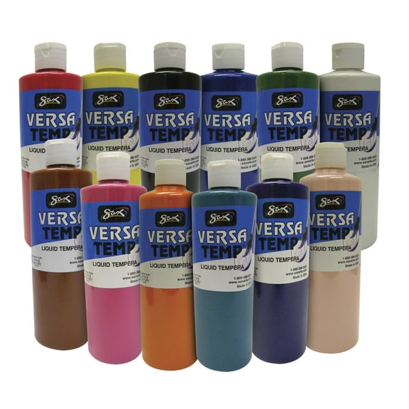 Sax Versatemp Liquid Tempera Paint, 1 Pint Bottles, Assorted Colors, Set of 12