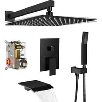 Black Shower Faucet Set Mixer Valve 12inch Rain Shower Head Combo System with Tub Spout