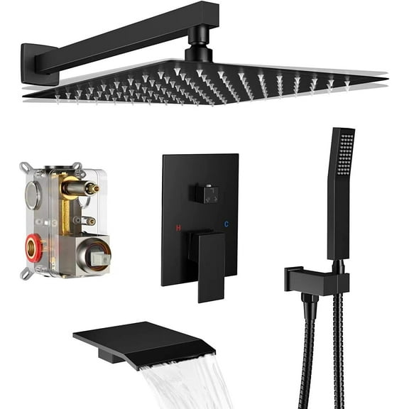 Black Shower Faucet Set Mixer Valve 12inch Rain Shower Head Combo System with Tub Spout