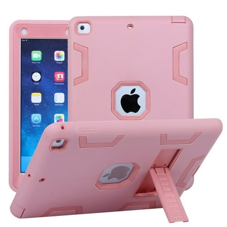 New iPad 9.7 Inch 2017 Case, Shockproof, Drop Protection, Three-Layer Full-Body Rugged Hybrid Protective Kids Adult Case With Kickstand For Apple iPad 9.7 (2017 MARCH Release) - Rose (Best Virus Protection For Ipad)