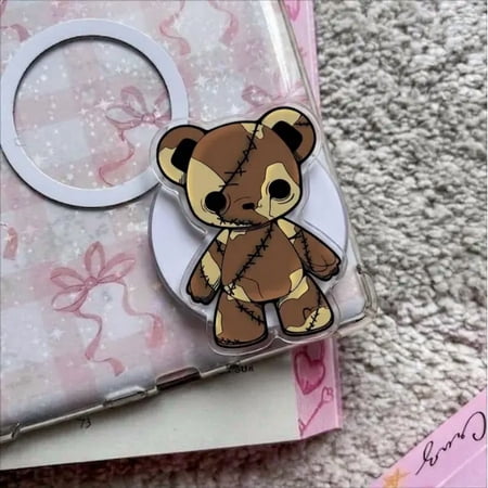 1 Piece Cute Zombie Teddy Bear Magnetic Phone Grip, Kawaii Patchwork Plushie Phone Grip, Aesthetic Creepy Cute Acrylic Phone Stand, Spooky Bear Tech Accessory, Gift for Goth Girl