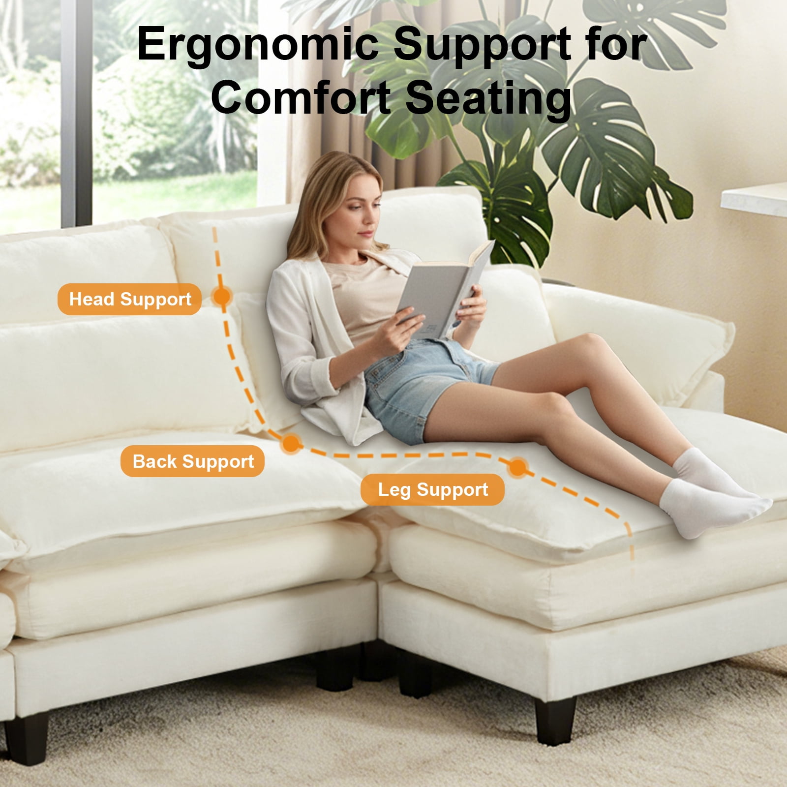Howcool 113" Modular Sectional Sofa with Movable Ottoman , 3 Seater L Shaped Cloud Couch for Living Room, USB Charging Ports & Side Pockets, Chenille Fabric, Beige