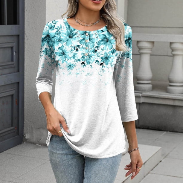 TaTaai Loose Printed T-Shirt Lightweight Comfortable Women's Fashion Casual Button Round Neck 3/4 Sleeve All Season Daily Versatile Blouse Gift
