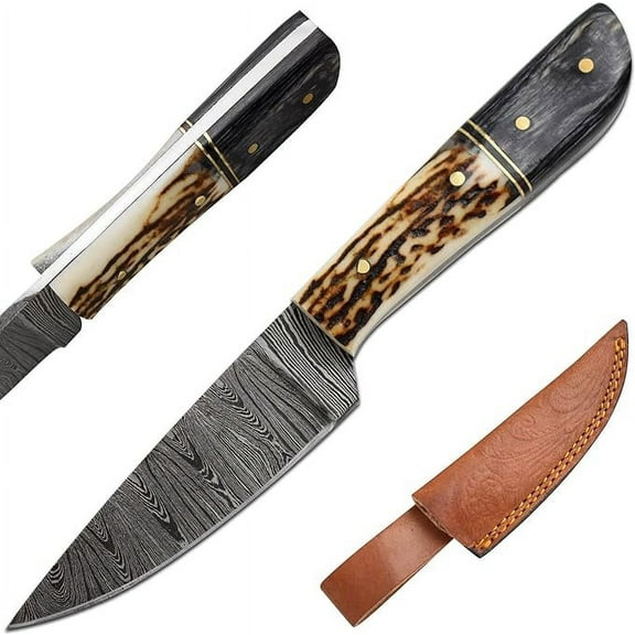Old Ram 8" Stag And Wood Damascus Skinner Outdoor Hunting Knife