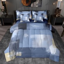 Homewish Grey Blue Abstract Twin Bedding Sets 7-Piece, Retro Square Abstract Bedding Comforter Set, Oil Printing Artwork Reversible Sheet Sets, Breathable Home Decor