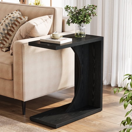 Fnova End Table Farmhouse C-shaped Side Table, Narrow Wooden Sofa Table with Space-Saving Design, Modern Bedside Table, Easy Assembly, Corner Table for Living Room, Bedroom, Nightstand, Black