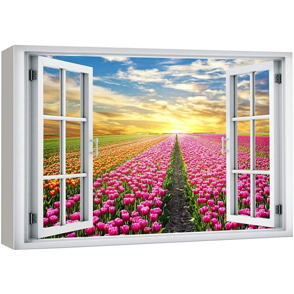 wall26 Canvas Print Wall Art Window View Sunset Pink Orange Tulip Flower Field Wilderness Nature Photography Realism Scenic Landscape Colorful Multicolor for Living Room, Bedroom, Office - 32"x4