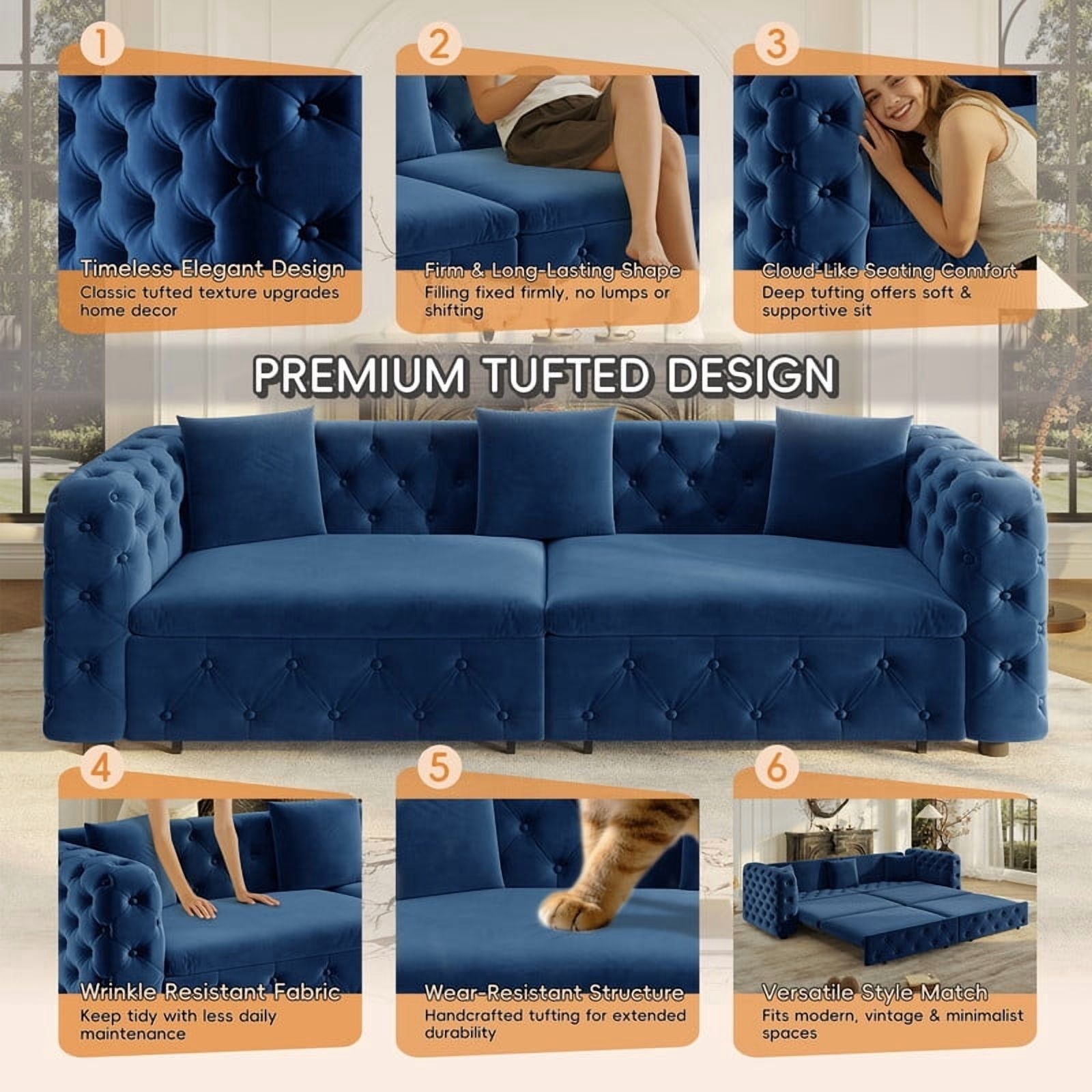 89"W Large 3-in-1 Pull Out Classic Chesterfield Tufted Sofa Bed, 4-Seater Velvet Padded Sleeper Sofa Couch with 3 Throw Pillows