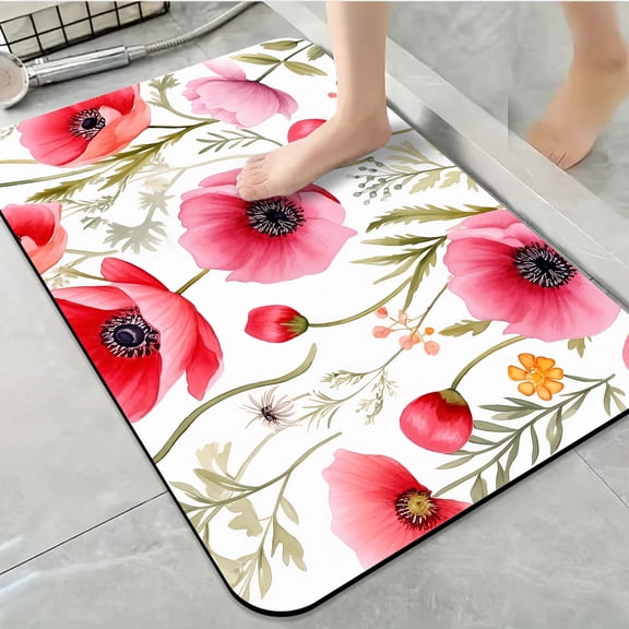 1pc Watercolor Poppy Pattern Bathroom Rug Bathroom Decor and Accessories- Durable,Anti Slip,And Quick Drying,Suitable For Indoor/outdoor Use - Perfect For Bathrooms,Bedrooms,Kitchens