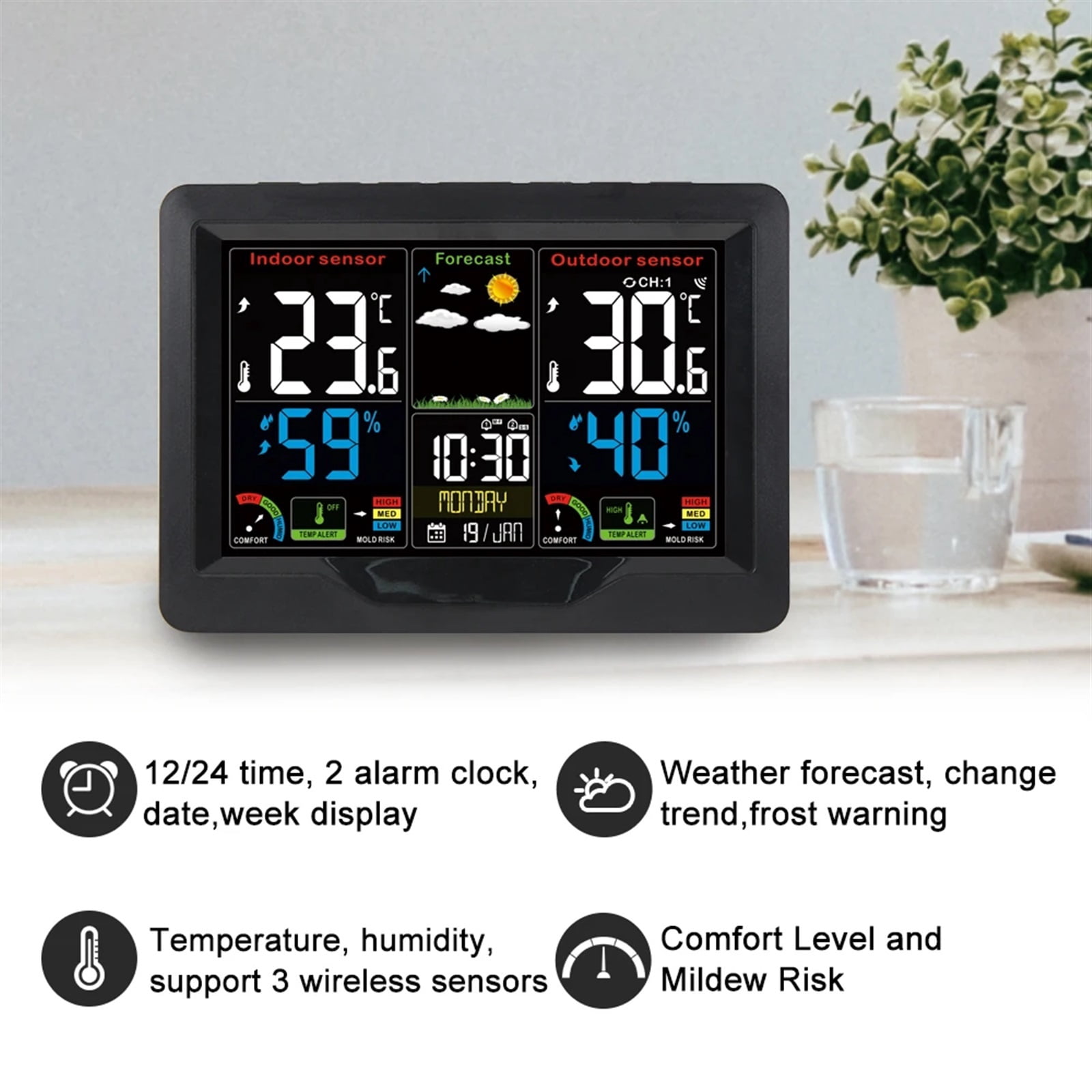 Weather Station Digital Alarm Clock Barometer Outdoor Sensor Temperature Humidity Measurance Weather Forcast Snooze Function ,High Precision