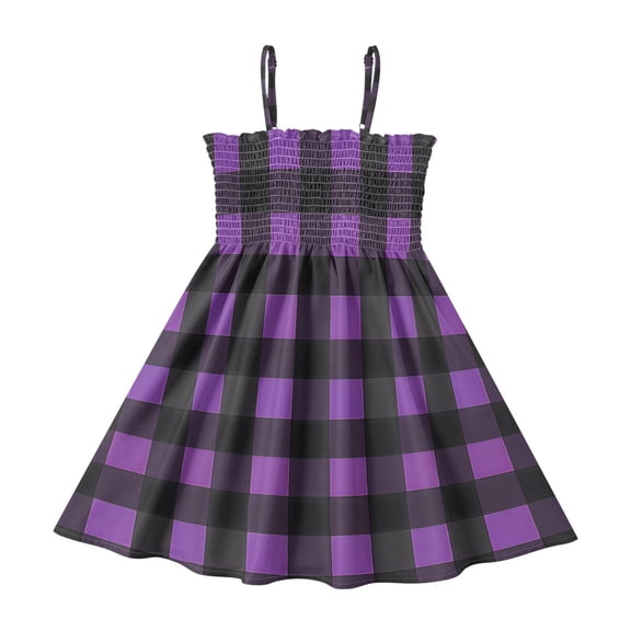 Purple and Black Checked Girls' Casual Dresses 2Y-8Y Sleeveless Ruffle Neck for Summer Daily Wear