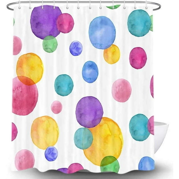 Watercolor Bubbles Kids Bathroom Shower Curtain, Rainbow Stripe Theme Fabric Shower Curtain Sets Children Bathroom Decor with Hooks Waterproof Fabric Bath Curtain, Purple Yellow Red Blue