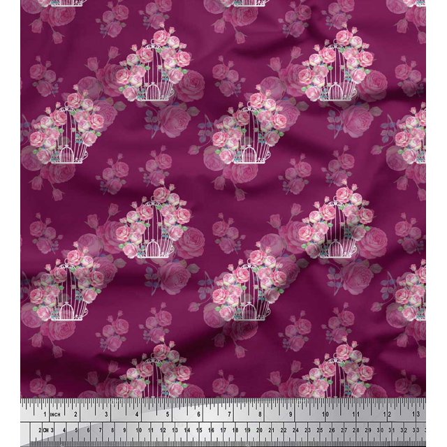 Soimoi Pink polyester Crepe Fabric Cage & Roses Floral Print Fabric by Yard 42 Inch Wide