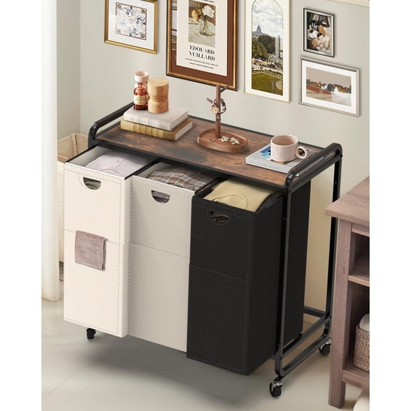 Laundry Sorter Section,Laundry Basket with Wheels,×. Gal (L) Laundry Hamper Organizer with Large Wooden Desktop Sorter,Pull-Out and Removable D Oxford Fabric Laundry Bags for