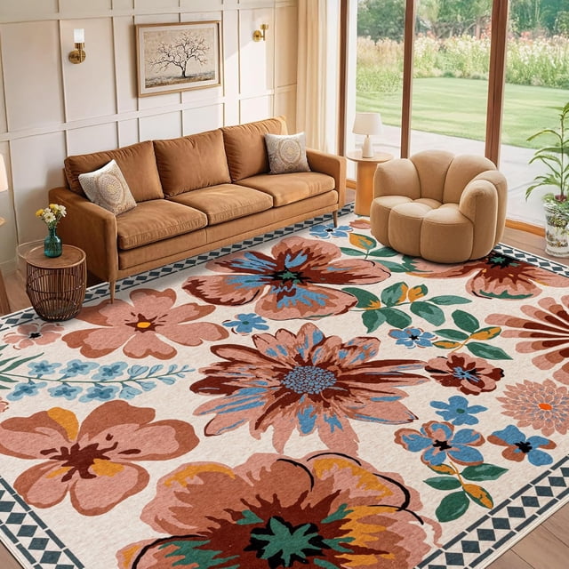 DSKOGYEM Green 5x7 Area Rug, Non-Slip Soft Vintage Floral Rugs, Low Pile Washable Living Room Rug, Boho Large Rug for Bedroom, Farmhouse, Dining Room, Nursery