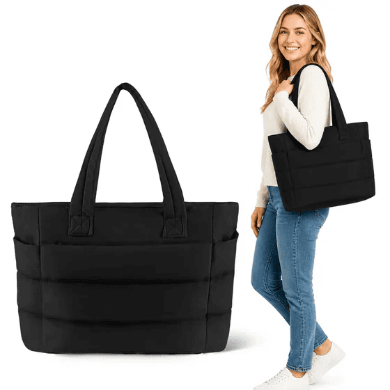 Puffy Tote Bag for Women, Lightweight Quilted Tote Handbag, Cute Purse Travel Tote Bag, Work Tote Bags for Women, Womens Tote Bags for Work, Black