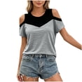 thumbnail image 3 of ClodeEU Women's Color Block Cold Shoulder Short Sleeve T-Shirt, Casual Cut-Out Shoulder Tee Gray,Women's Plus XXL, 3 of 8