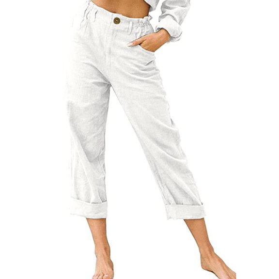 Womens Casual Linen High Waist Pants Loose Straight Leg Cropped Pants Comfy Lounge Trousers with Side Pockets