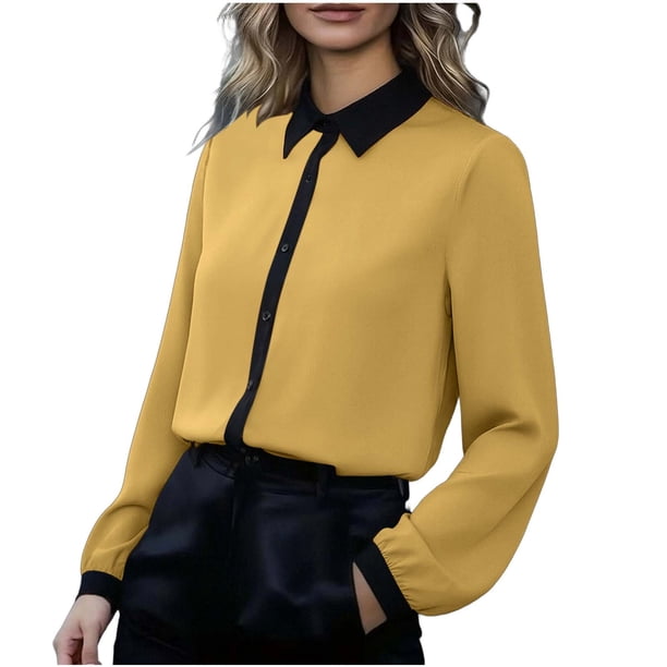 Tops de Manga Larga de las Mujeres Botón Casual Patchwork Up Turndown Collar Blusa Top de Moda de las Mujeres Tops de Manga Larga