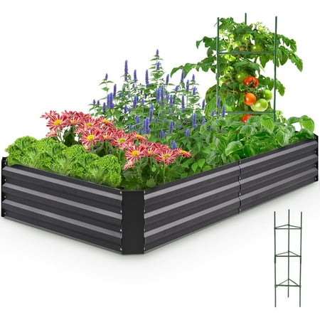 Quictent Galvanized Raised Garden Bed 6X3X1 Ft Metal Planter Box For Vegetables Bottomless For Backyard Outdoor, Include 1 Tomato Cage, Dark Grey